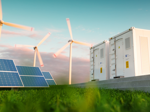 Grafische Darstellung Photovoltaik, Windräder, Energiespeicher