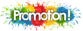 Picture of the word promotion in front of colourful blobs of paint